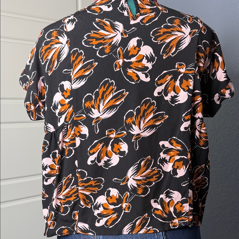 Madewell Black Floral Blouse Women’s M Drapey Viscose Top Short‎ Sleeve - Picture 6 of 12